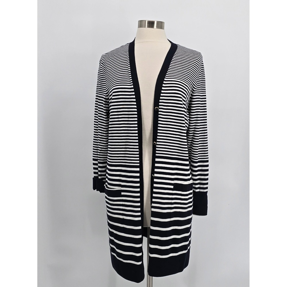 Chicos Size 2 Large Black & White Stripe Cardigan Pockets Classic Business Wear